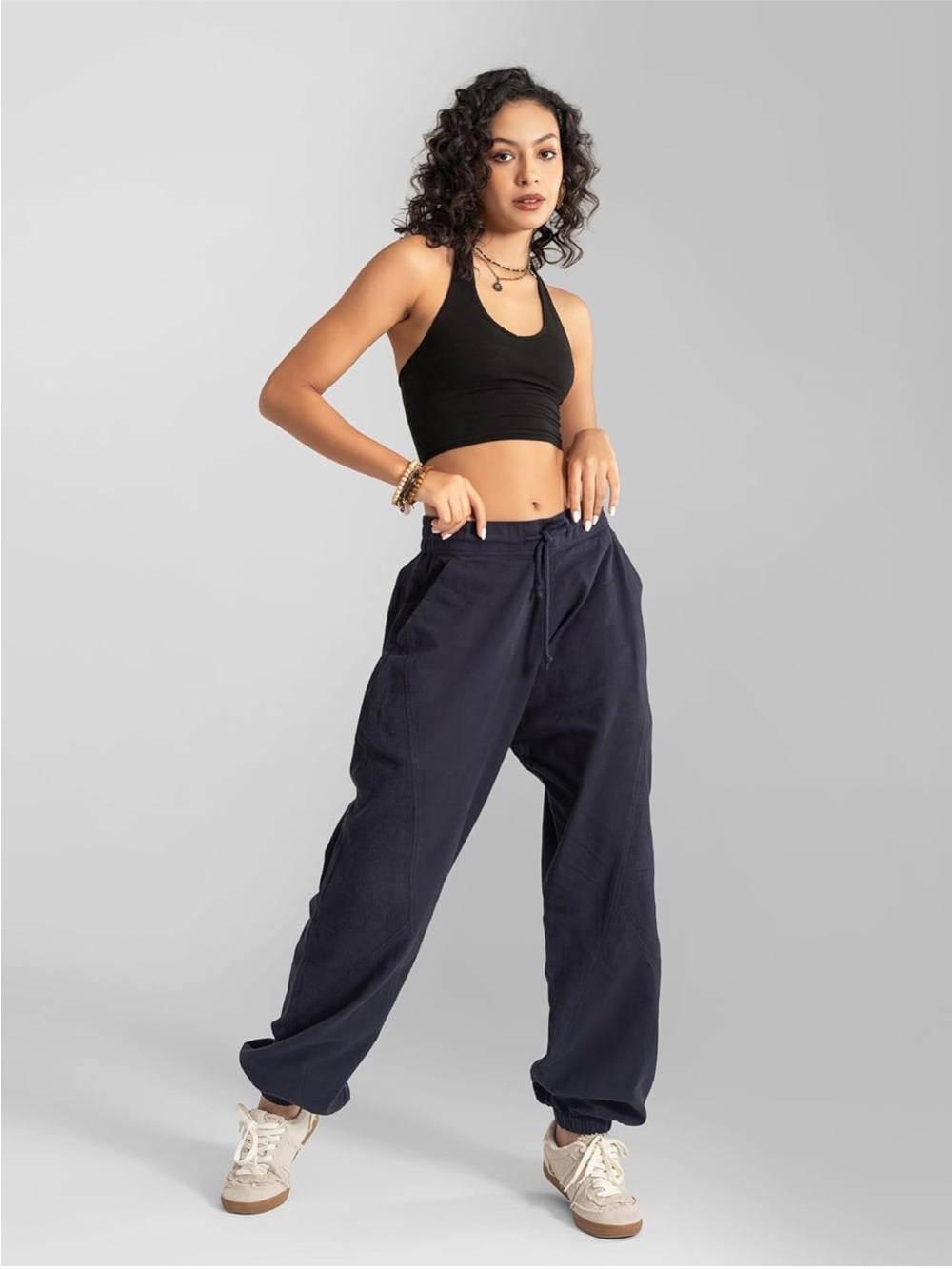 Relaxed Drawstring Wide-Leg Pants - Navy